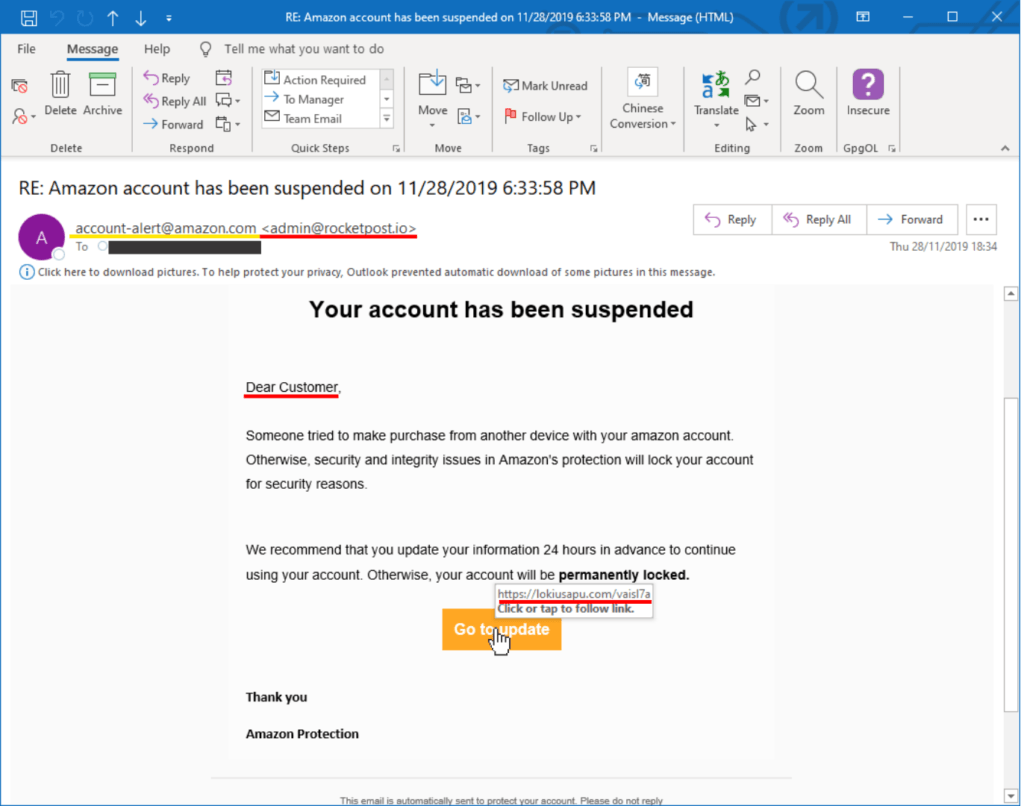 Real Phishing email, highlighting the red flags.